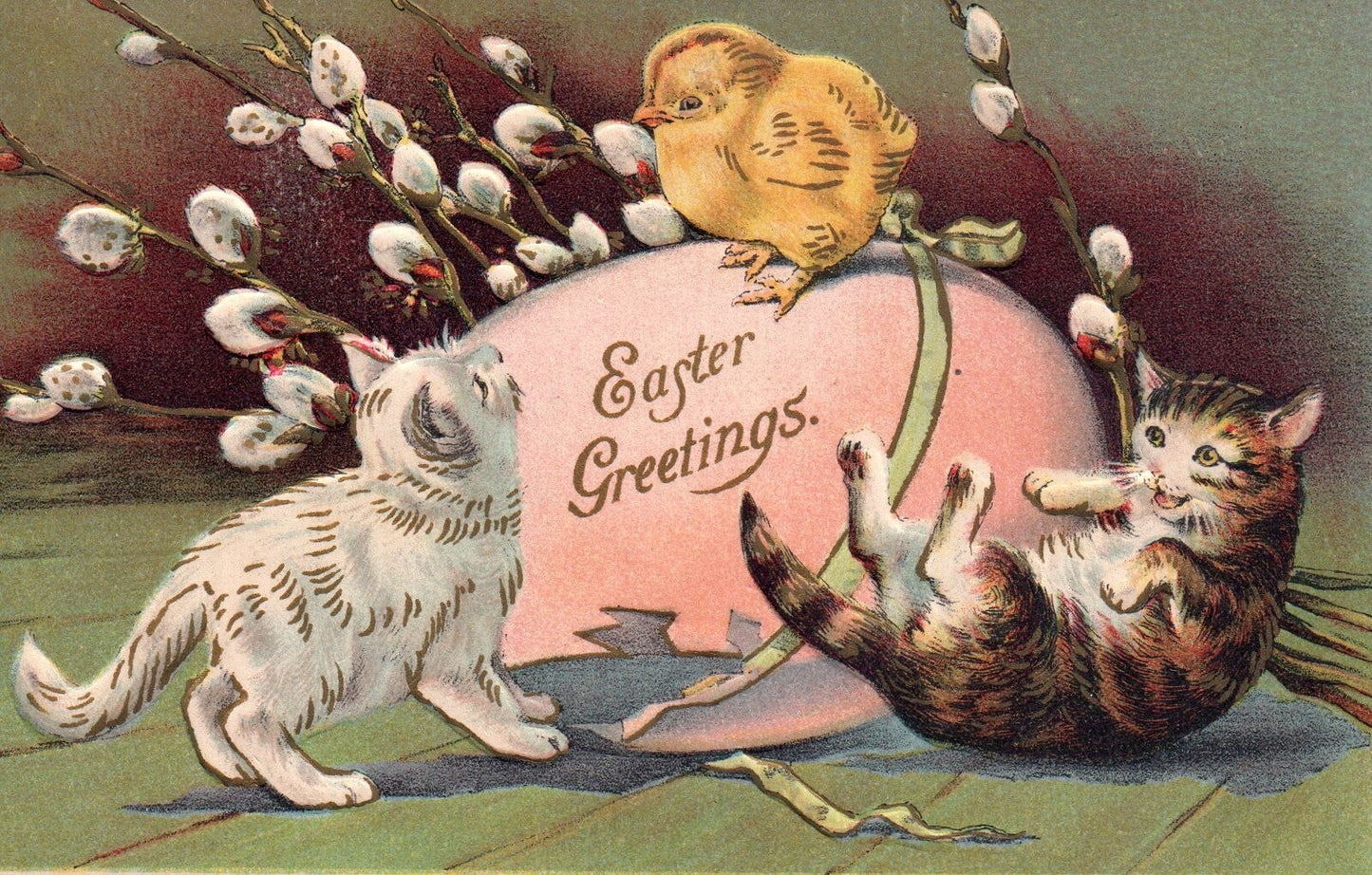 Easter Greetings Kittens Playing with Little Chick Vintage Easter Postcard