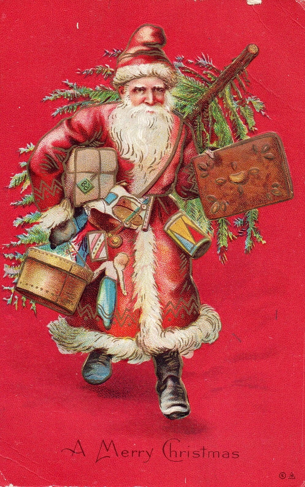 A Merry Christmas Santa Carrying Gifts For Everyone Vintage Santa Postcard