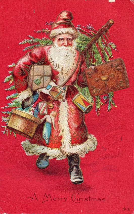 A Merry Christmas Santa Carrying Gifts For Everyone Vintage Santa Postcard