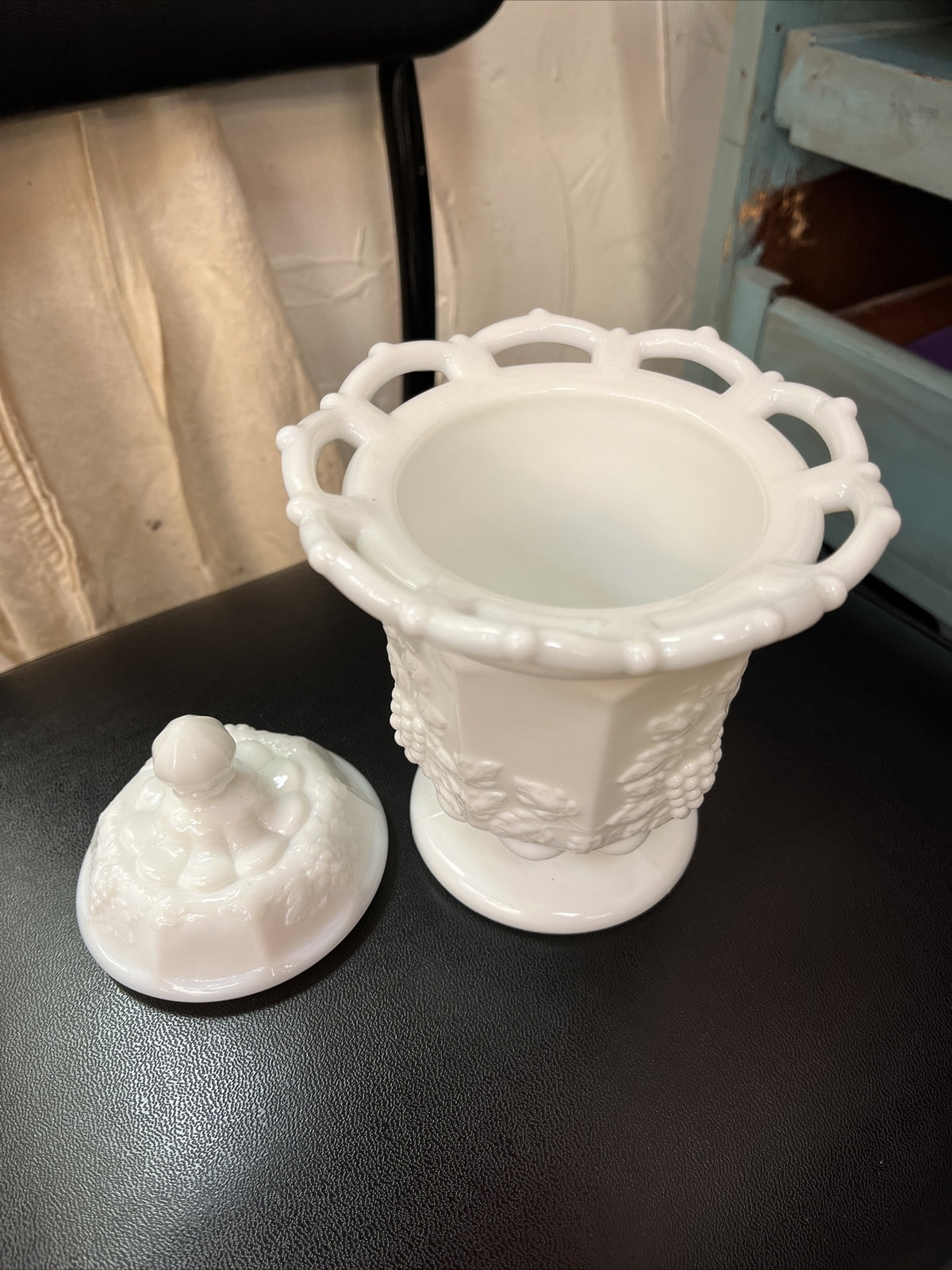 Vintage Westmoreland Milk Glass Basket Split Handle Grape Vine Pattern 6.5"