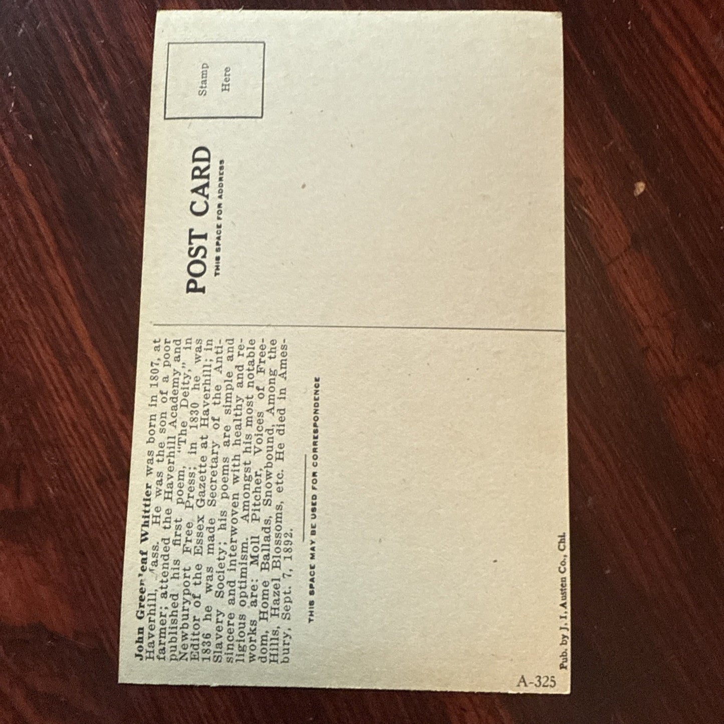 John Greenleaf Whittier J I Austen PEGASUS Arts Theater Writing c1910's *Scarce