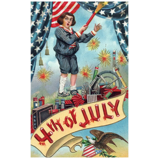 Fourth of July Boy Lighting off Fireworks Vintage Patriotic Postcard