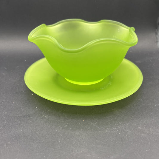 Vintage Green Satin Frosted Depression Glass 5" Bowl & 6" Saucer