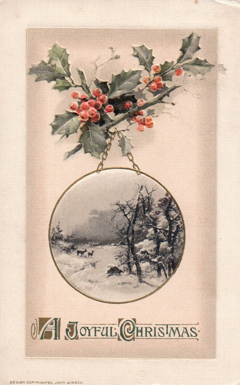 John Winsch A Joyful Christmas Winter Forest Scene with Deer Vintage Postcard