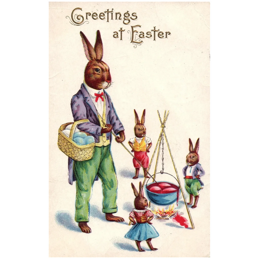 Greetings at Easter Bunny Rabbits Coloring Easter Eggs Vintage Easter Postcard