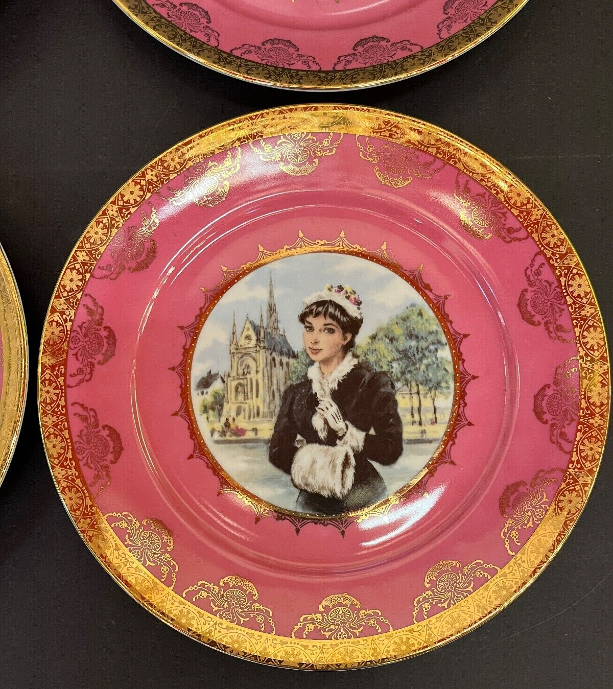 Vintage Set of 4 Bavaria Pretty Lady Portrait Pink Plate with Gold Trim