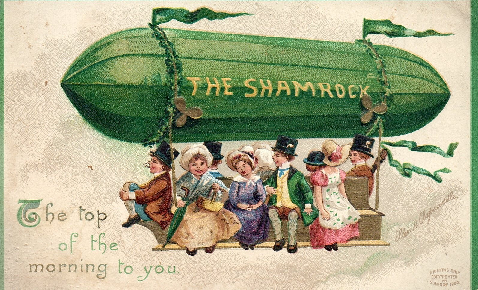 AS Ellen Clapsaddle The Shamrock Blimp w/ People on it St Patrick's Day Postcard
