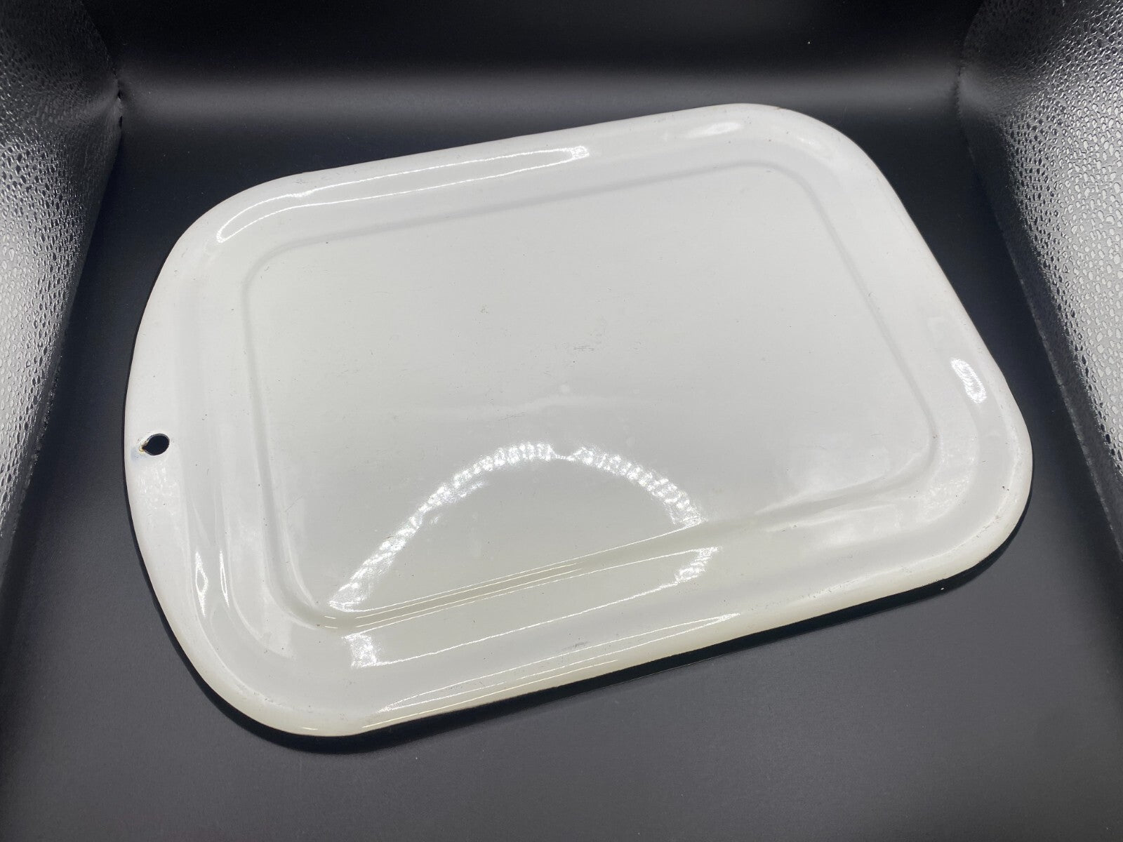 VTG Enamelware Refrigerator Box Lid White Black edge Enamel 13” x 9.5"