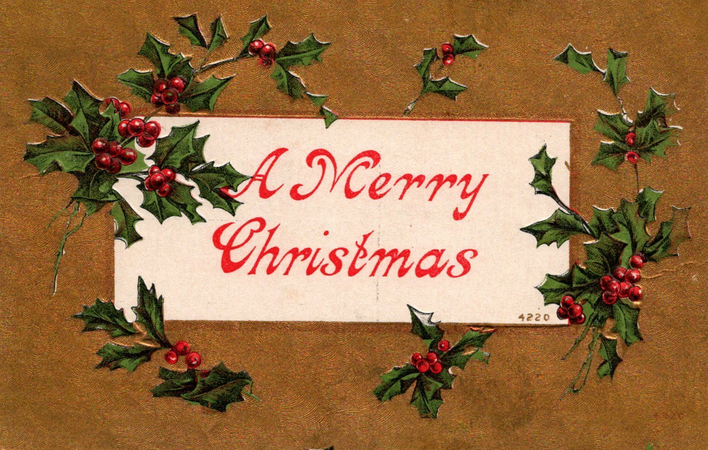  Embossed Gold Metallic Holly Christmas Postcard