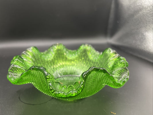 Vintage Green Glass Waffle Pattern Bowl With Ruffled Edge
