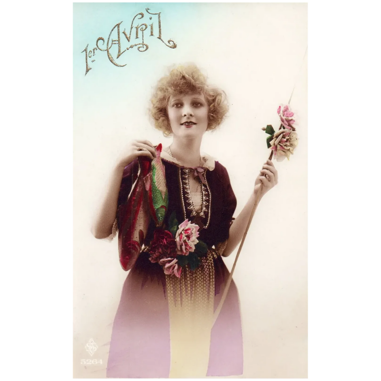 April First Woman Holding Fish and Flowers Vintage April Fools French Postcard