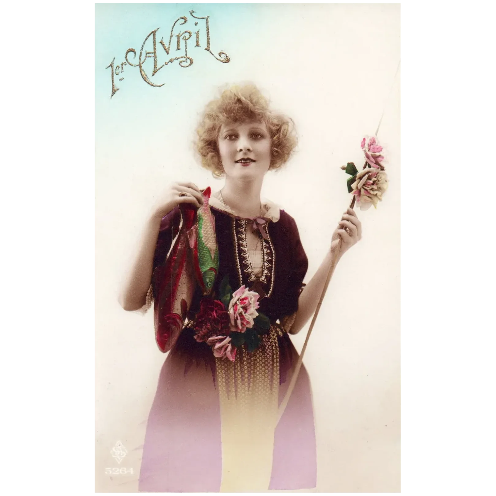 April First Woman Holding Fish and Flowers Vintage April Fools French Postcard