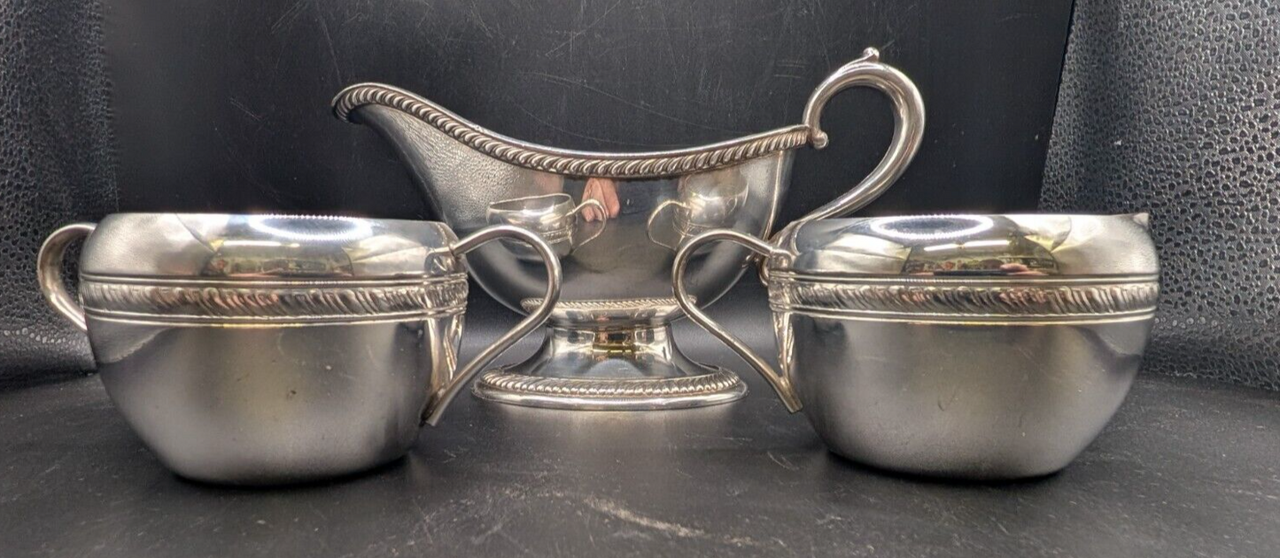 3 Piece Set Polished Silver Plate Gravy Cream & Sugar Great Condition