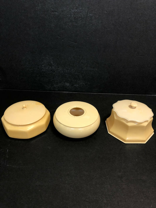 3 Piece Vanity Set Yellow Celluloid Hair Receiver Powder and Containers 