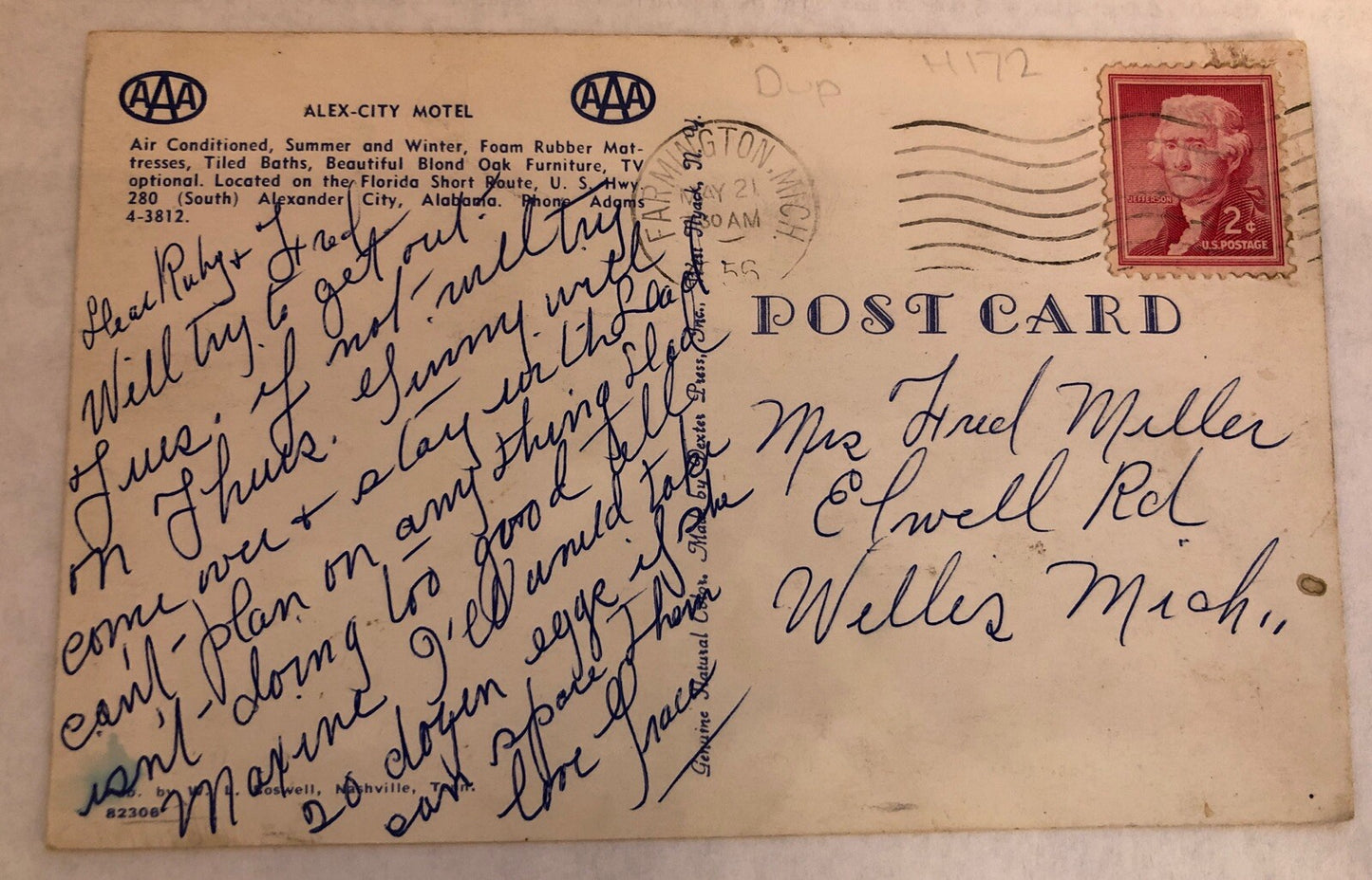 Alex City Motel Alexander City Alabama Florida Short Route Post Card Hotel