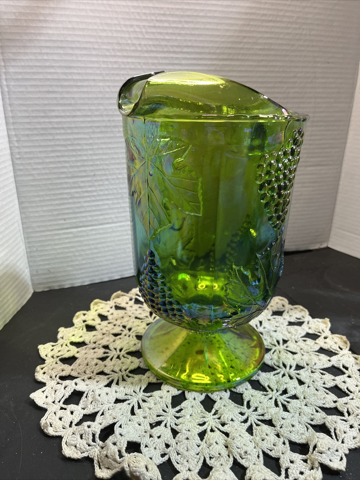 vintage Indiana green glass harvest grape carnival glass pitcher 