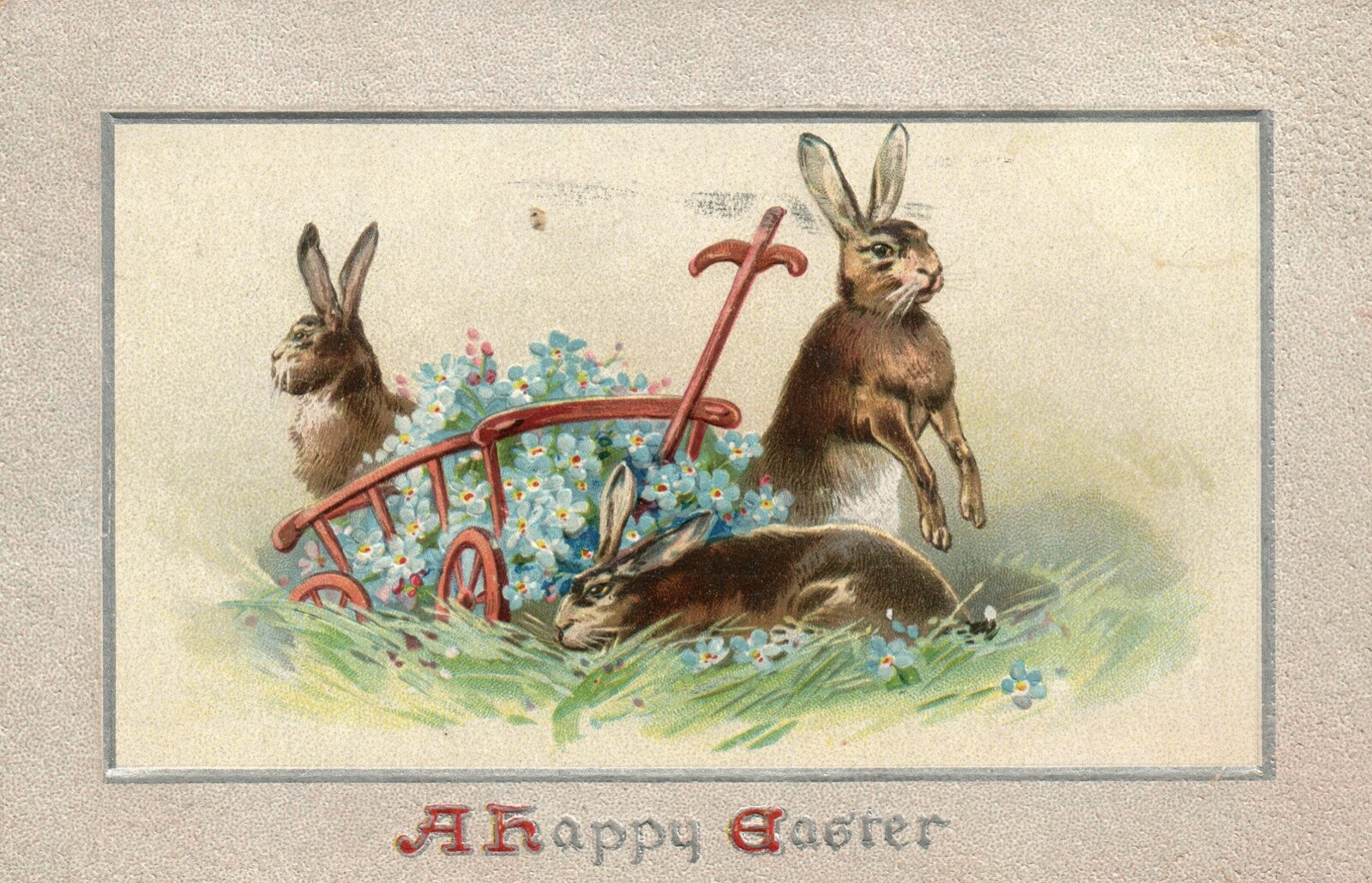 Tuck Series 708 Rabbits In Grass Blue Flowers In Wagon Easter Postcard