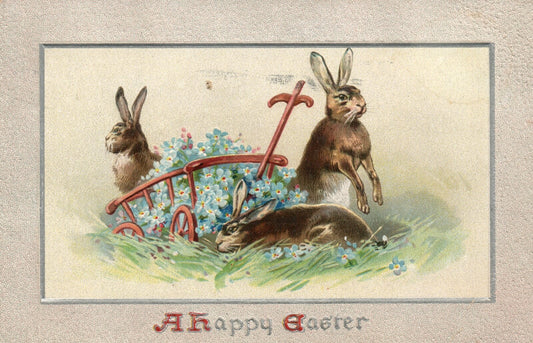 Tuck Series 708 Rabbits In Grass Blue Flowers In Wagon Easter Postcard