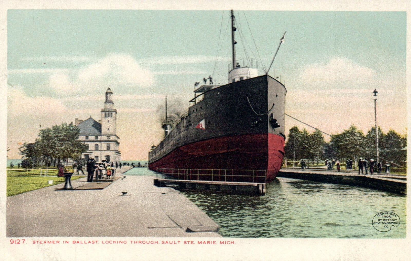 Steamer in Ballast Locking Through Sault Ste Marie Michigan MI Postcard