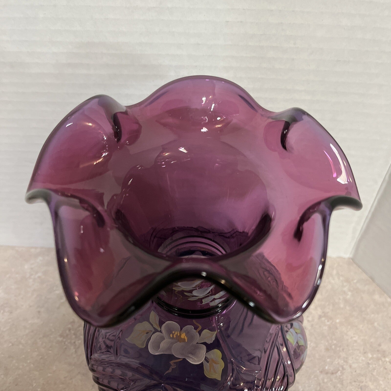 Fenton mullberry Melon Vase  H/P Floral Design, numbered & signed