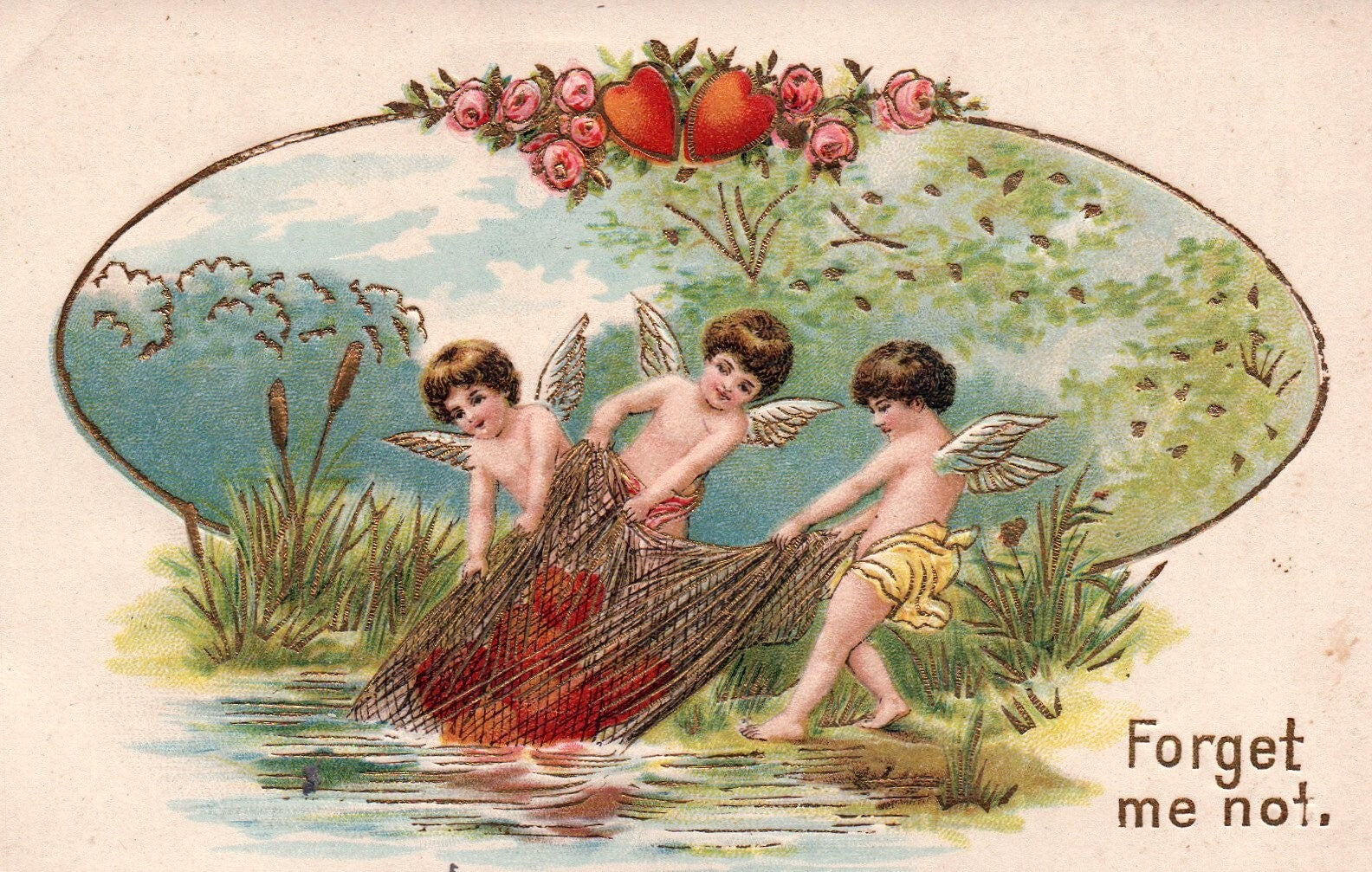 Postcard Valentine Cupids pulling hearts from river Forget Me Not 109