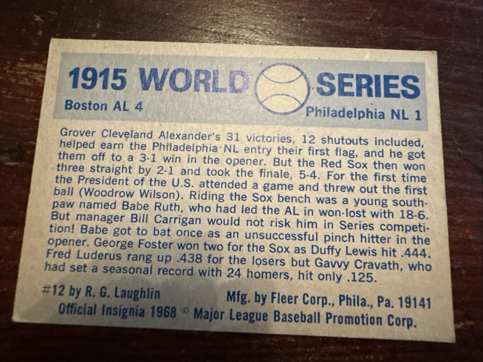 1970 Fleer World # 12 Phillies Vs Red Sox 1915 Ruth Rides Bench Baseball Card
