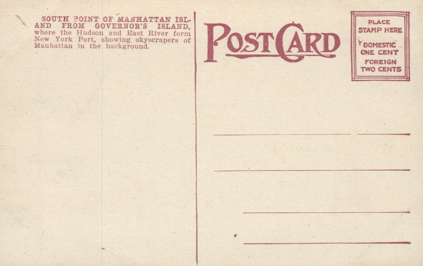 South Point Manhattan Island Governors Island  NYC New York Postcard