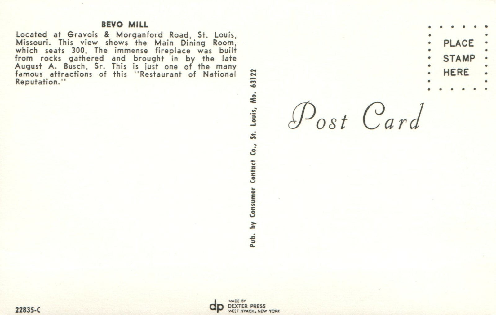 Bevo Mill Main Dining Room St Louis Missouri MO Restaurant Postcard