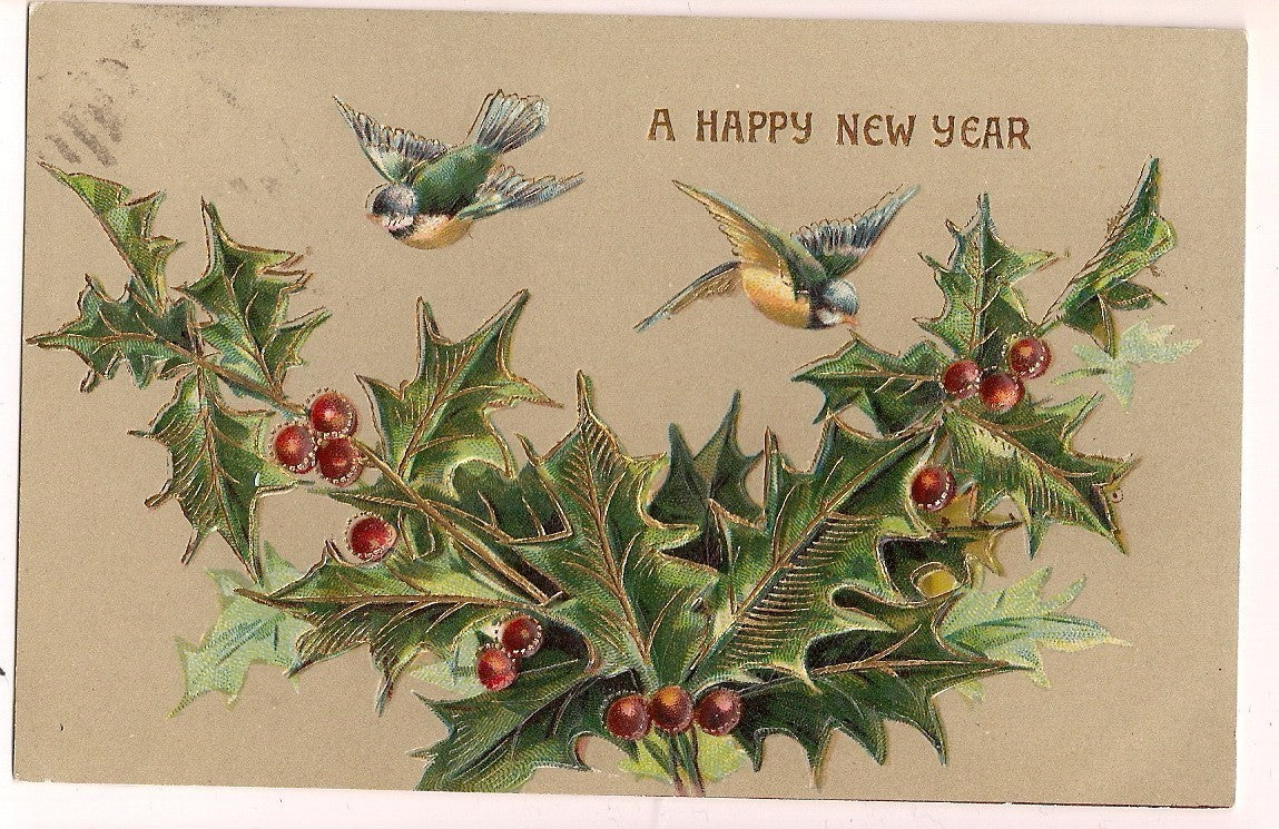 Happy New Year Two Birds Land on Holly Gold Gilt Embossed Postcard