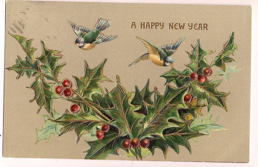 Happy New Year Two Birds Land on Holly Gold Gilt Embossed Postcard