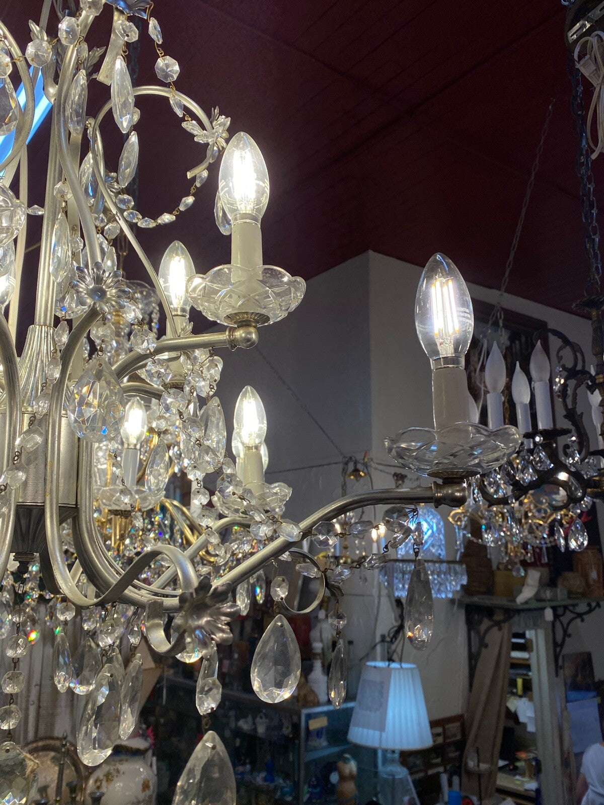 1950s mid century 10 arm silver and crystal chandelier 