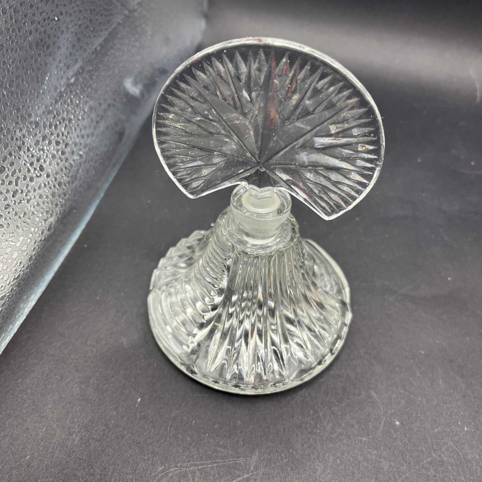 Art Deco Style Pressed Glass Perfume Bottle w/ Fan Star Stopper, Empty, Clear 5"