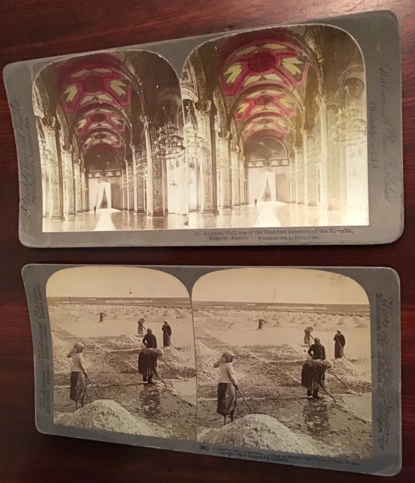 2 Real photo stereoview Russia Russian Kremlin Interior Salt Fields Sollen