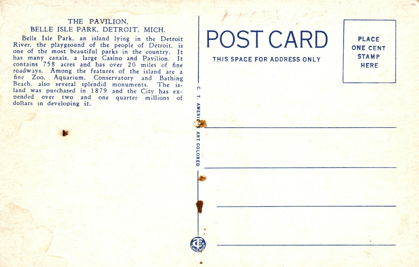 86 Pavilion Belle Isle Park Detroit  MI Michigan Postcard