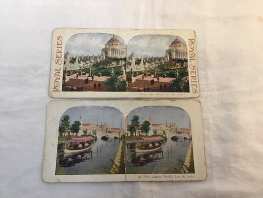 2 St Louis Missouri MO World’s Fair Festival Hall West Lagoon  stereoview 