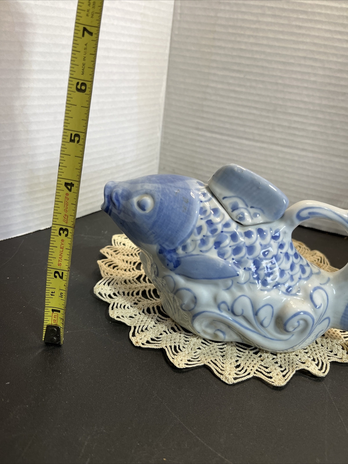 Vintage Handpainted Chinese Tea Pot Porcelain Koi Fish Shaped Pot w/ lid Blue
