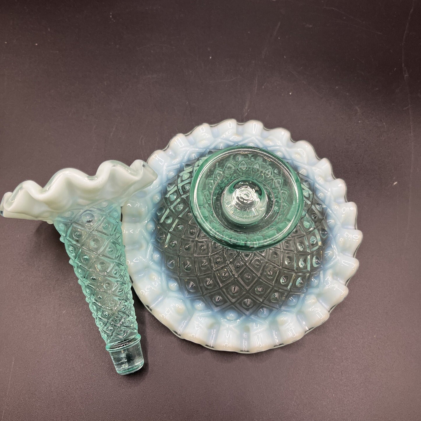 Vintage Fenton Blue/green  Opalescent Epergne Vase 1940s Hobnail Horned Vase