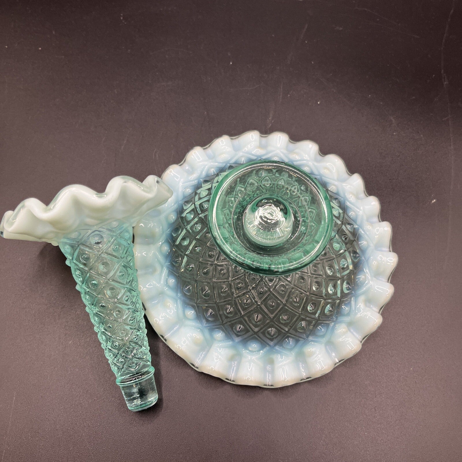 Vintage Fenton Blue/green  Opalescent Epergne Vase 1940s Hobnail Horned Vase