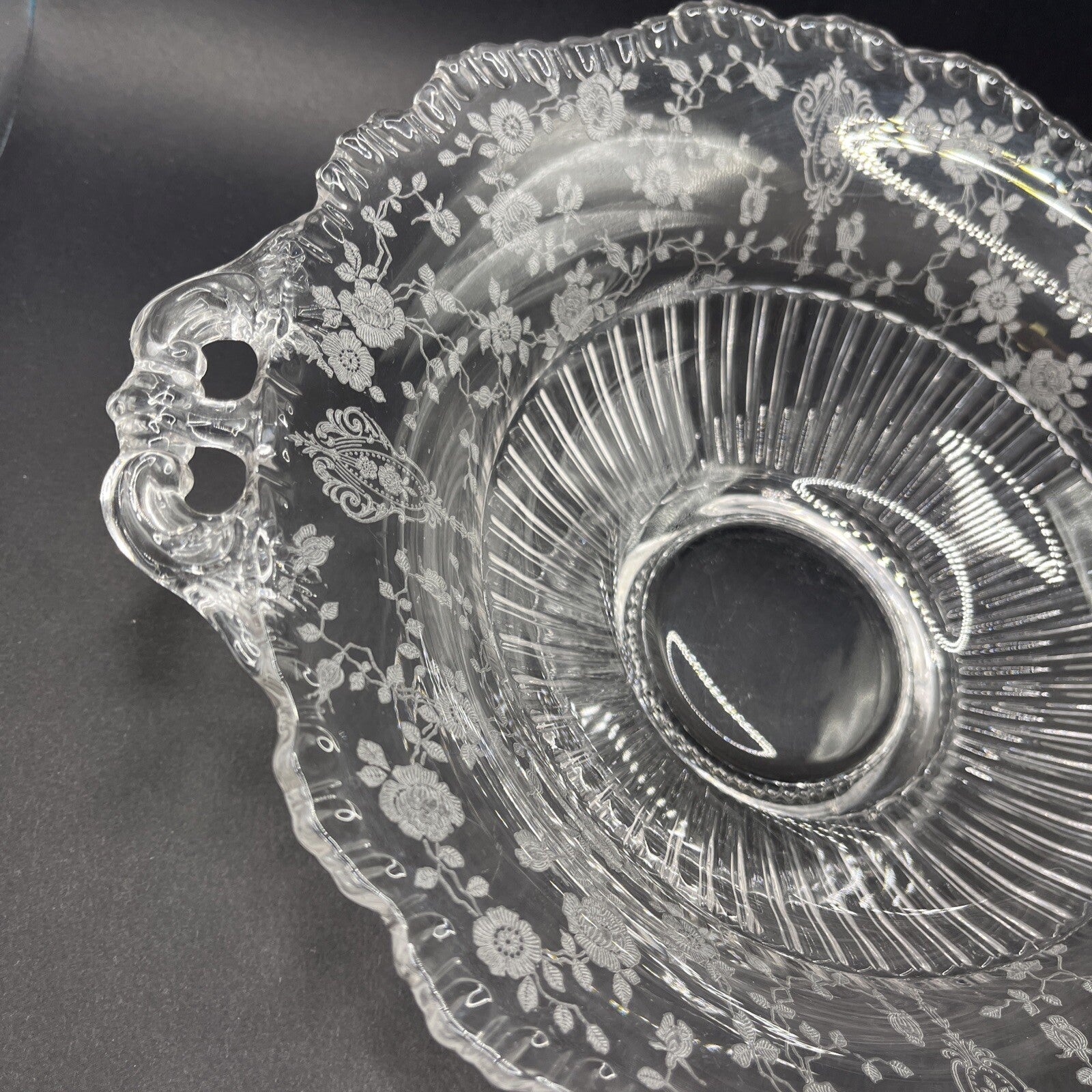 CAMBRIDGE GLASS CO  ROUND FOOTED CONSOLE BOWL - GRAY CUT FLORAL DECOR 10”