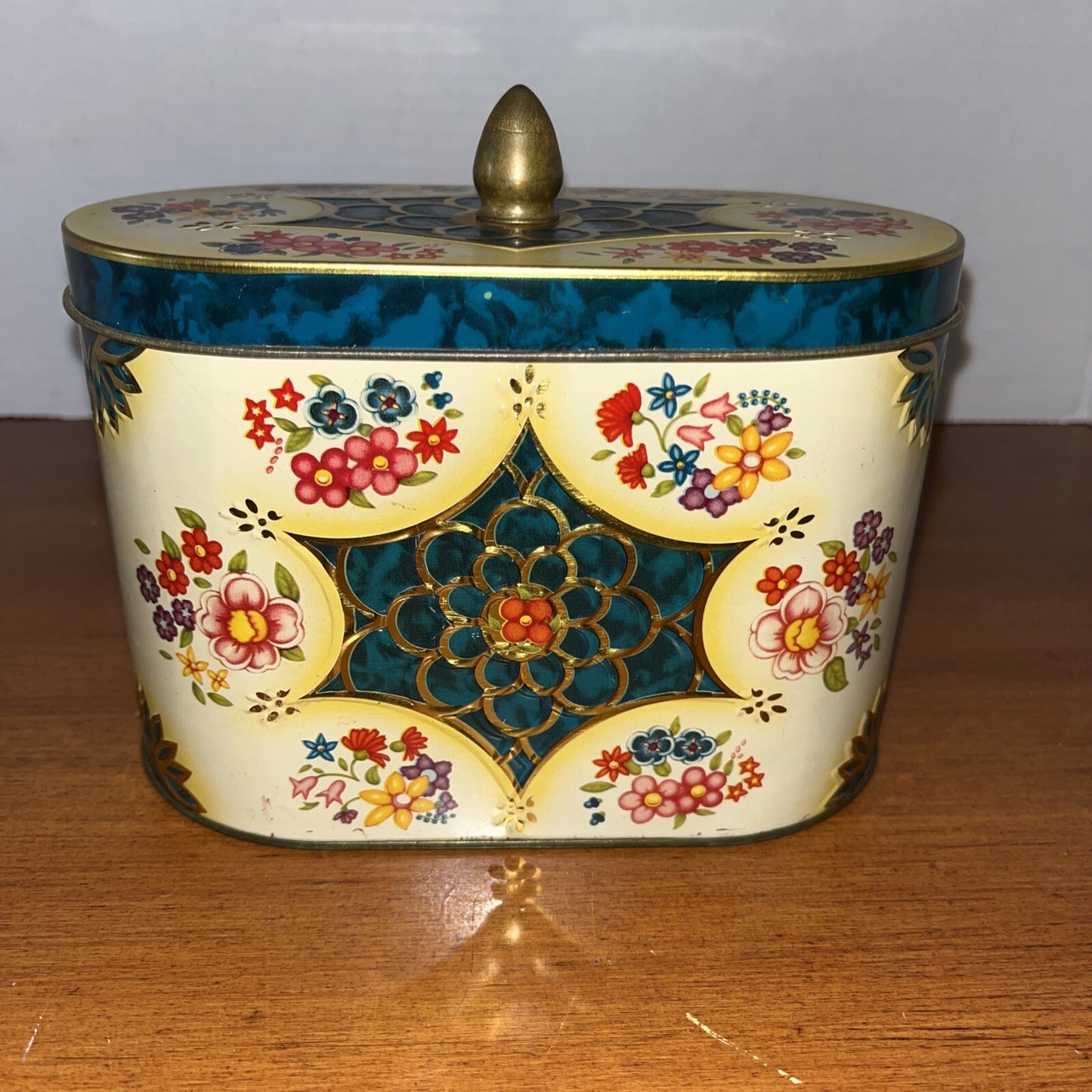 Vintage Oval Blue Green Yellow Metal Candy Tin Wild Flowers 5" High