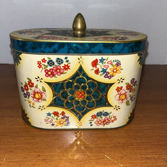 Vintage Oval Blue Green Yellow Metal Candy Tin Wild Flowers 5" High