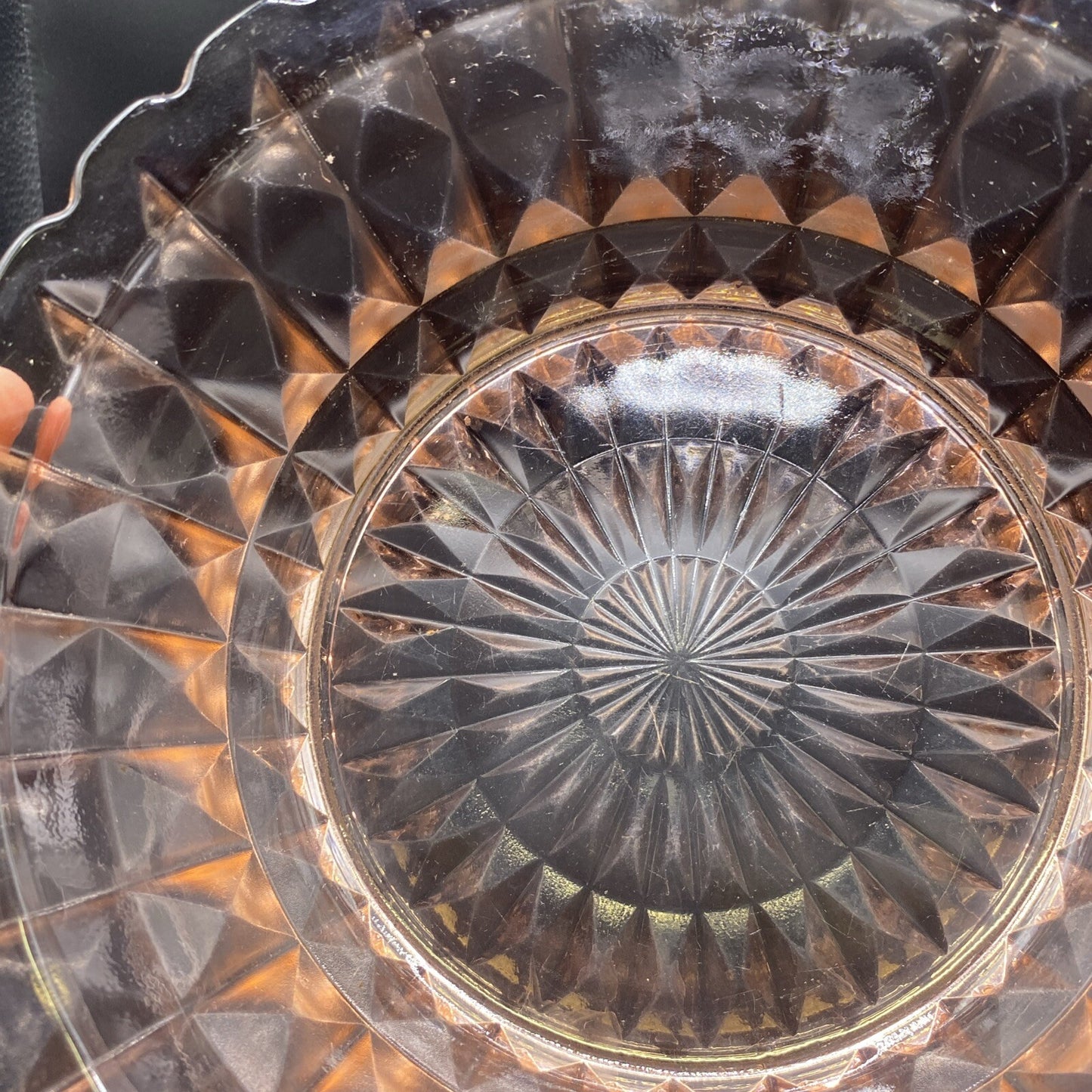 8.5" Vintage Pink Depression Glass Cube Diamond Scalloped Edge Bowl