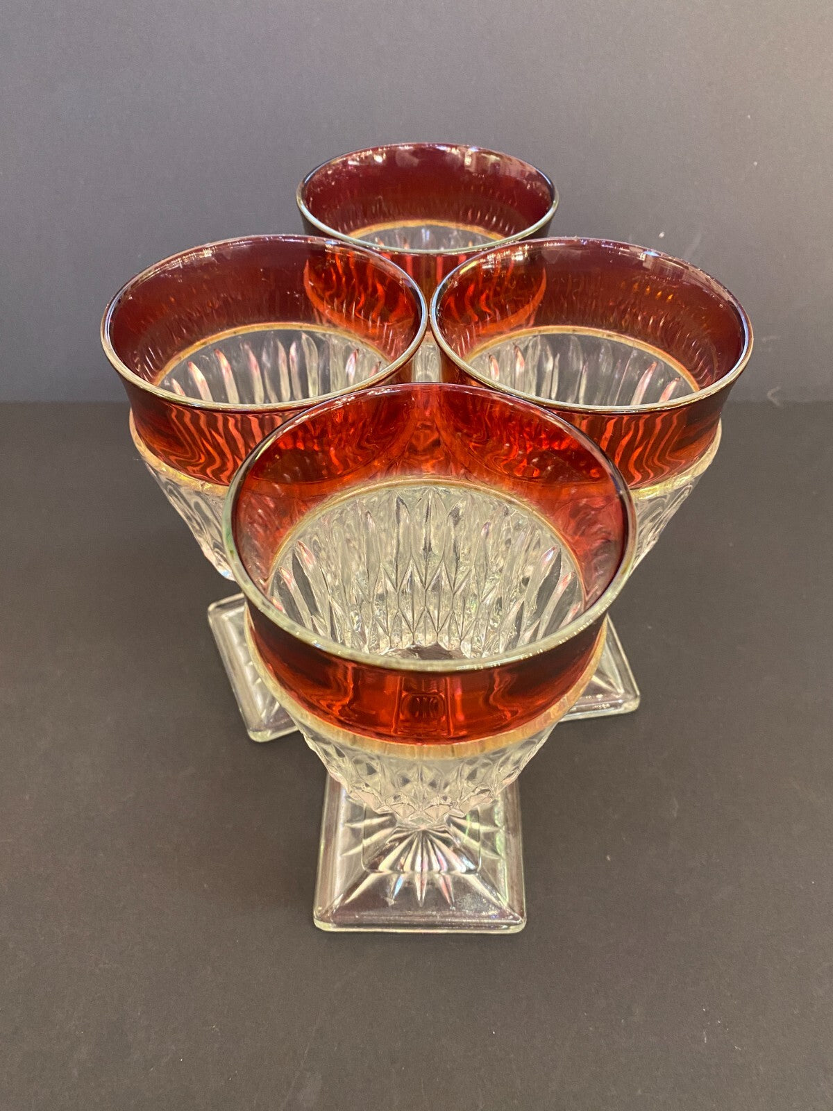 Vintage  Ruby Red Rimmed Set Of 4 Goblet Clear Cut Glass Square Base