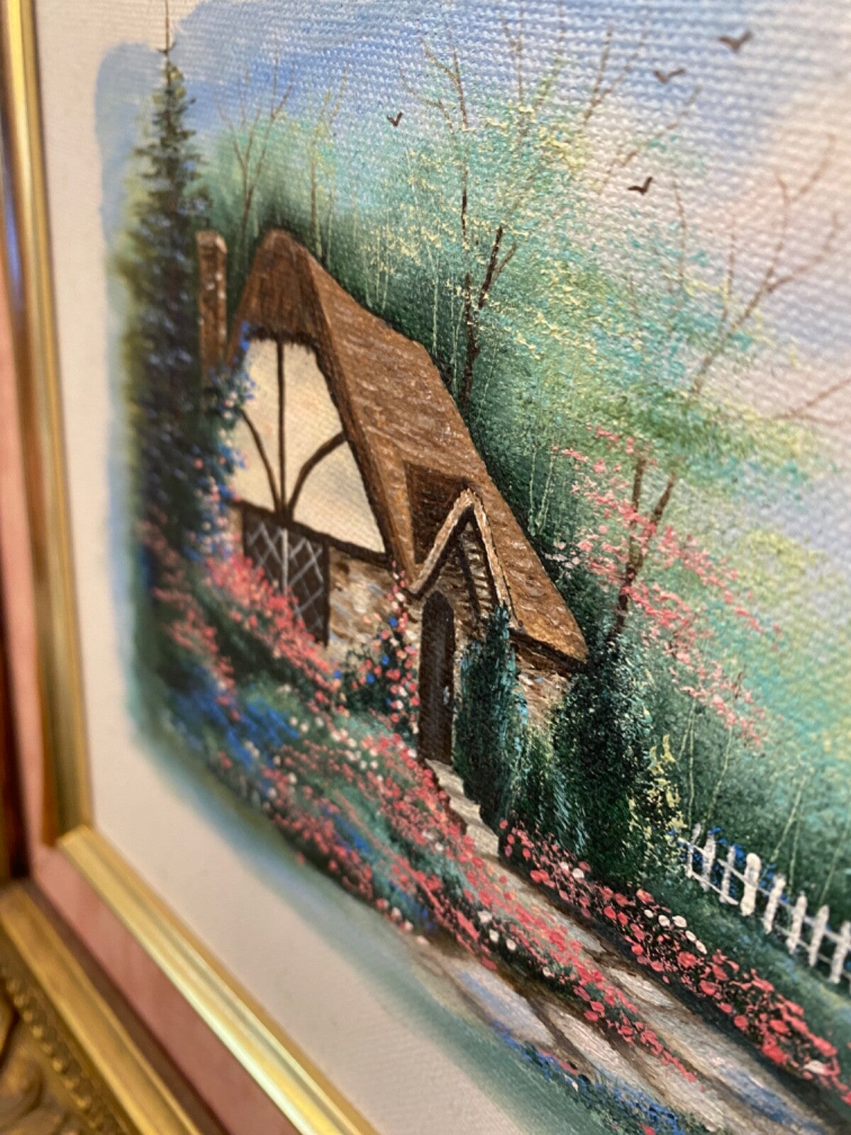 Vintage Quality Wood Ornate Gold Frame with Art Cottage  Rectangle 17.5 x 15.5