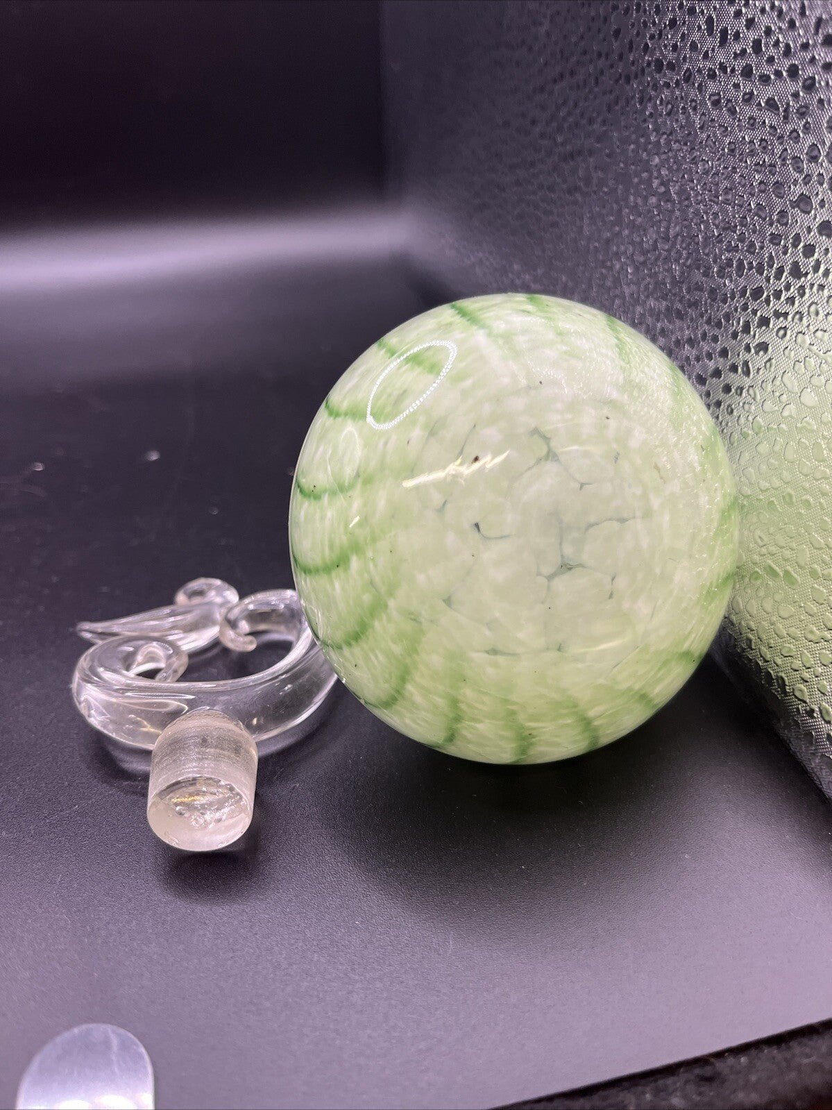 Art Glass Satin Blown Swirl Drape Motif Perfume Bottle Green Clear Stopper Vtg