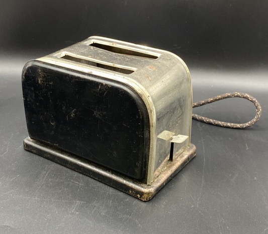 Vintage Toy Toaster Metal Mechanical Works Montessori Style Wood Plug Rope Cord