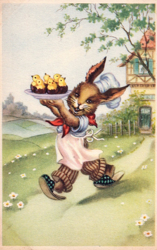 Bunny Dressed as a Chef Delivering Little Chicks Vintage Easter Postcard