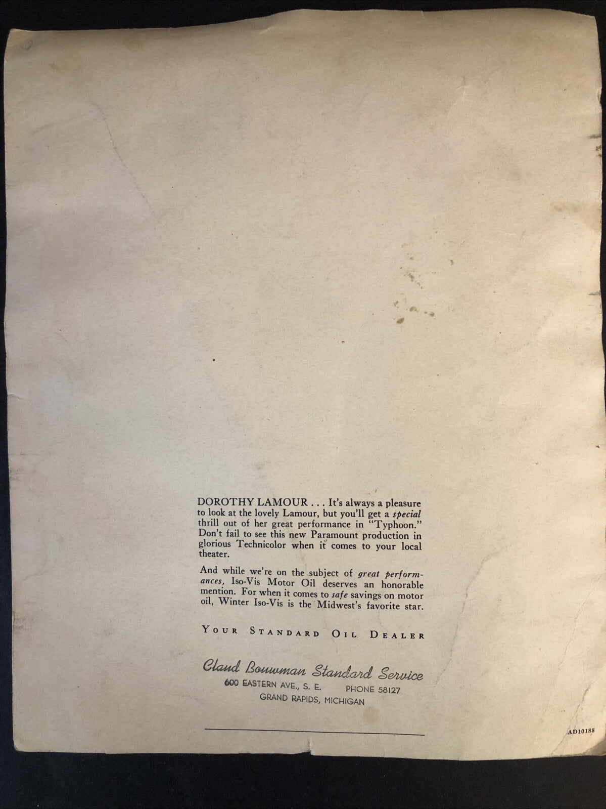 Dorothy Lamour Signed Photo 8"x10" - Standard Oil Advertising Promo AD10188