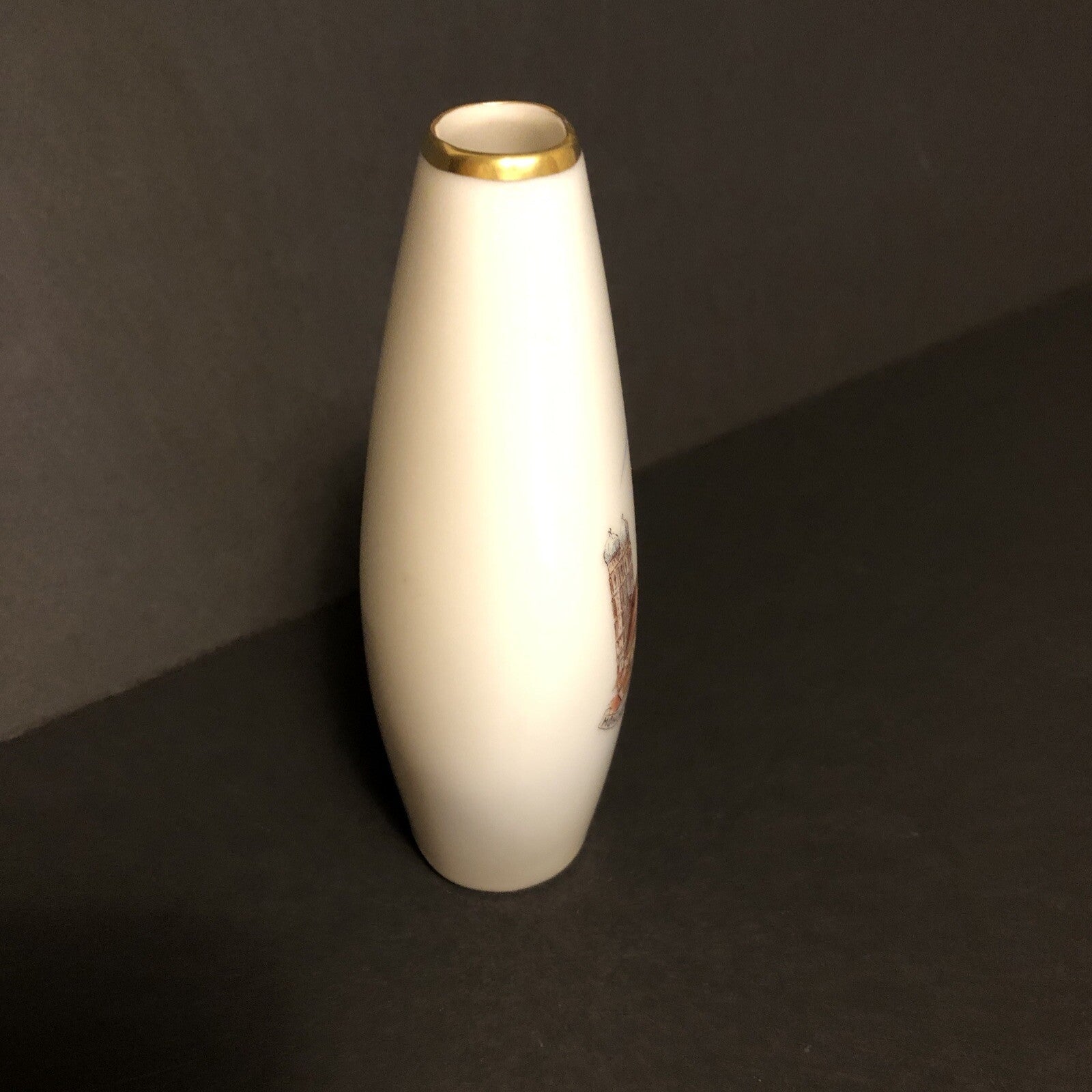 Lindnet Kueps Bavaria Germany Bud Vase Churches 257 22 Handgemalt White & Gold