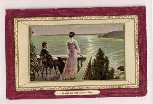 Romantic Man and Woman Watching Moon Rise by Ocean Gold Gilt Postcard